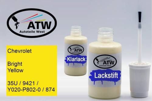 Chevrolet, Bright Yellow, 35U / 9421 / Y020-P802-0 / 874: 20ml Lackstift + 20ml Klarlack - Set, von ATW Autoteile West.